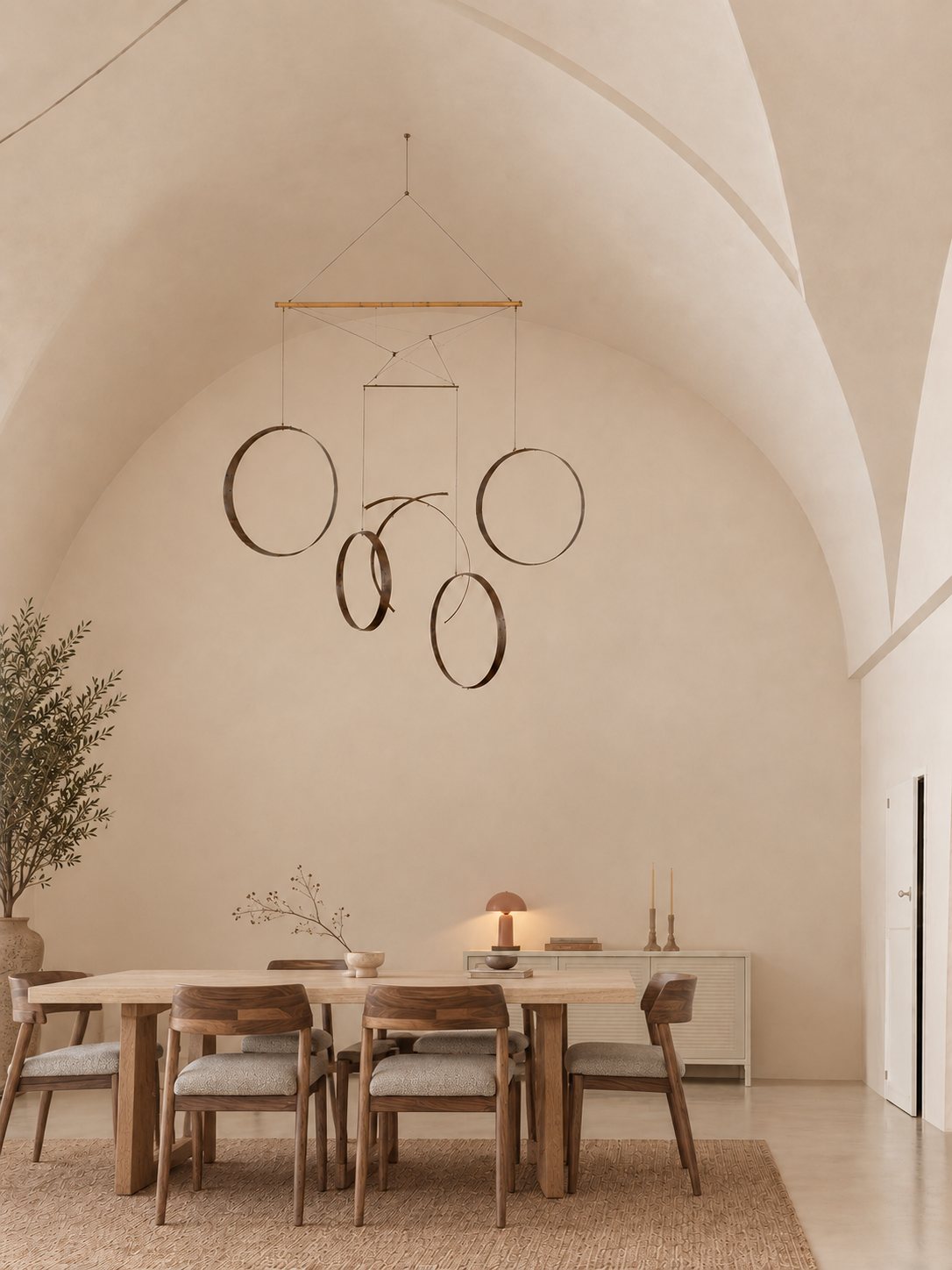 Aros, wine cask hoops mobile by Aloma Lafontana shown in a vaulted dining room